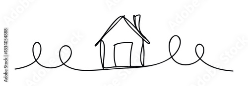 Simple single line drawing of a house with a chimney and looping shapes on either side representing an abstract landscape or path, perfect for real estate or home related themes.