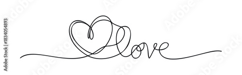 Hand drawn continuous line art forming a heart shape and the word love, ideal for romantic themes, wedding invitations, and Valentines Day celebrations.