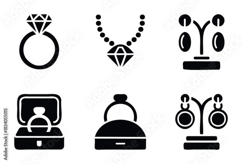 Collection of six black jewelry icons including a diamond ring, necklace, earrings, and ring box for design concepts.