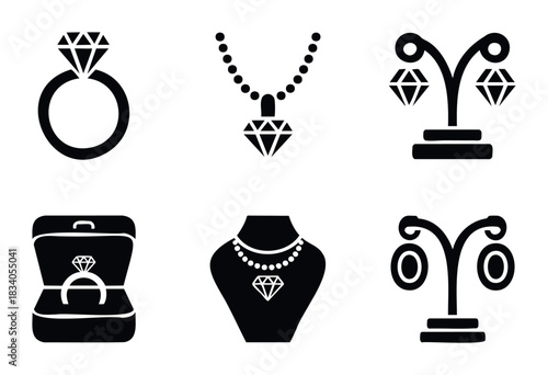 Collection of jewelry icons including rings, necklaces and earring stands perfect for use in ecommerce, websites and graphic projects.