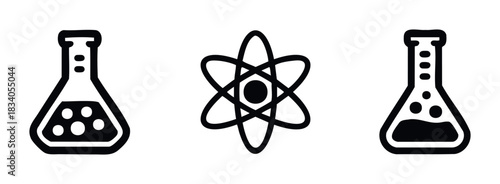 Collection of scientific icons featuring laboratory flasks with bubbling liquids and an atomic symbol, perfect for use in educational materials, scientific research presentations, or