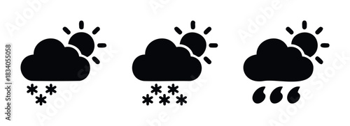 Diverse weather condition icons for forecasts and climate information, showcasing sun with snow, sun with heavy snow, and sun with rain, useful for weather apps and reporting.