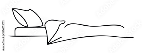 Minimalist black outline drawing of a soft bed with a pillow and draped blanket, representing comfort and rest for interior design and sleep product concepts.