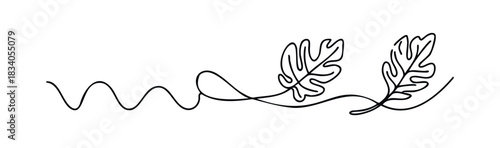 Minimalist continuous line drawing featuring wavy line and oak leaves for organic branding and natural seasonal themes, perfect for decorative accents and springtime graphics.