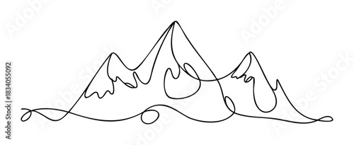Minimalist continuous line drawing of majestic mountain peaks representing adventure and nature exploration, perfect for travel blogs and outdoor gear promotions.