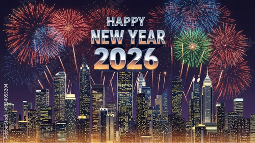 Celebrate New Year 2026 with stunning fireworks over the city skyline, a vibrant and energetic scene for holiday promotions and festive events