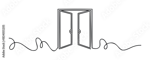 Open doors symbolizing opportunity and new beginnings, depicted with a continuous line stroke, perfect for use in conceptual projects about choice and future exploration.