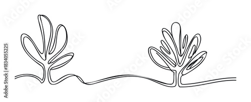 Line art of two stylized trees connected by a flowing line, perfect for naturethemed graphics, landscape visuals, and organic branding applications.