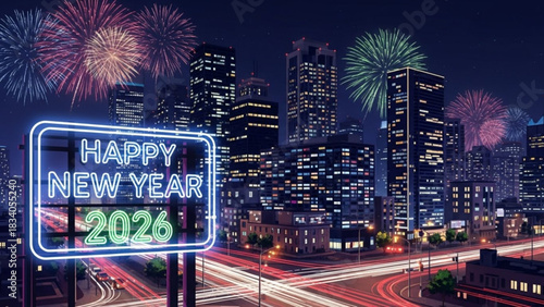 Celebrate New Year 2026 with dazzling fireworks over a vibrant cityscape, a dazzling neon sign wishing joy and prosperity in the glowing city night
