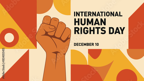 International Human Rights Day poster with raised fist for equality and justice on December 10th for powerful social media campaigns and awareness