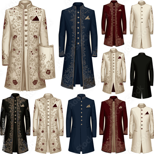 Isolated a various designs of wedding Sherwani vector art with a white background .
