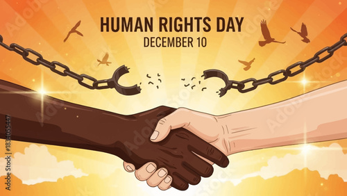Celebrate Human Rights Day with a powerful visual of unity and freedom on December 10th featuring diverse hands shaking in solidarity and broken chains