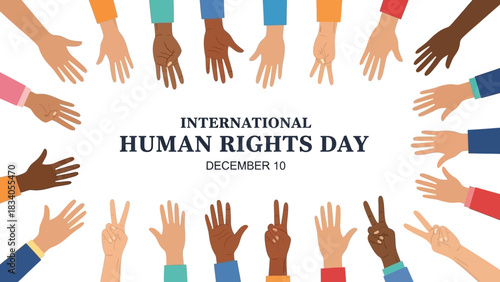 Multicultural hands united for International Human Rights Day on December 10th symbolizing global diversity, equality and peace for all people