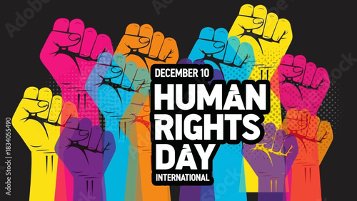 Powerful raised fists in vibrant colors celebrate International Human Rights Day, inspiring social justice, equality, and freedom for all people