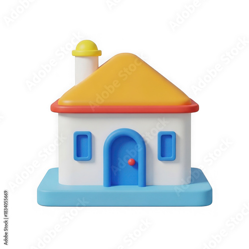 Simple and colorful 3d house icon with a yellow roof and blue details, isolated on transparent background