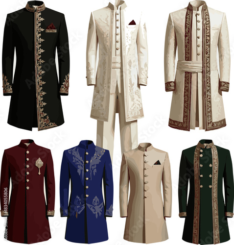 Isolated a various designs of wedding Sherwani vector art with a white background .