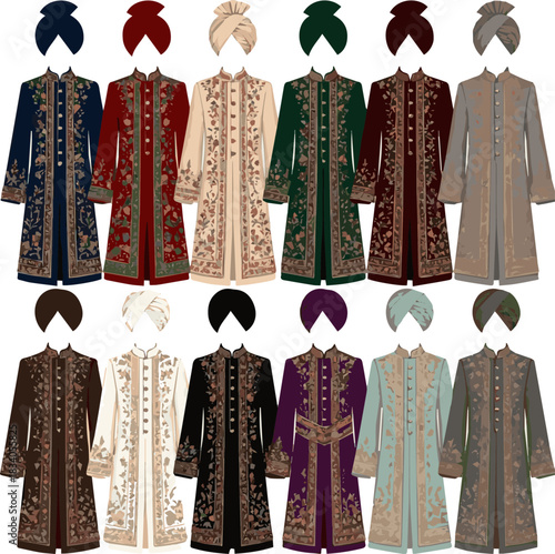 Isolated a various designs of wedding Sherwani vector art with a white background .