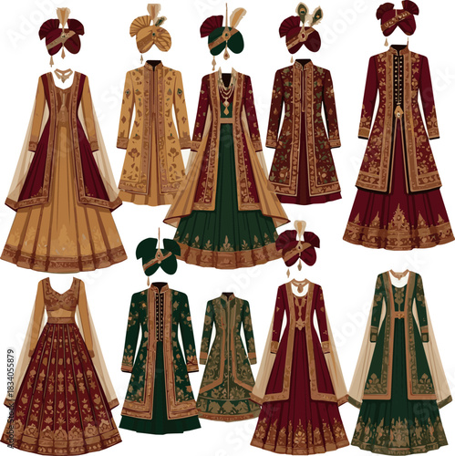 Isolated a various designs of wedding Sherwani vector art with a white background .