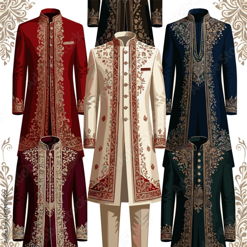 Isolated a various designs of wedding Sherwani vector art with a white background .
