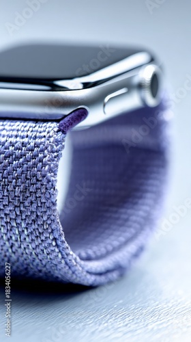 Sleek silver smartwatch showcases dark screen, connected to vibrant purple woven fabric band.
