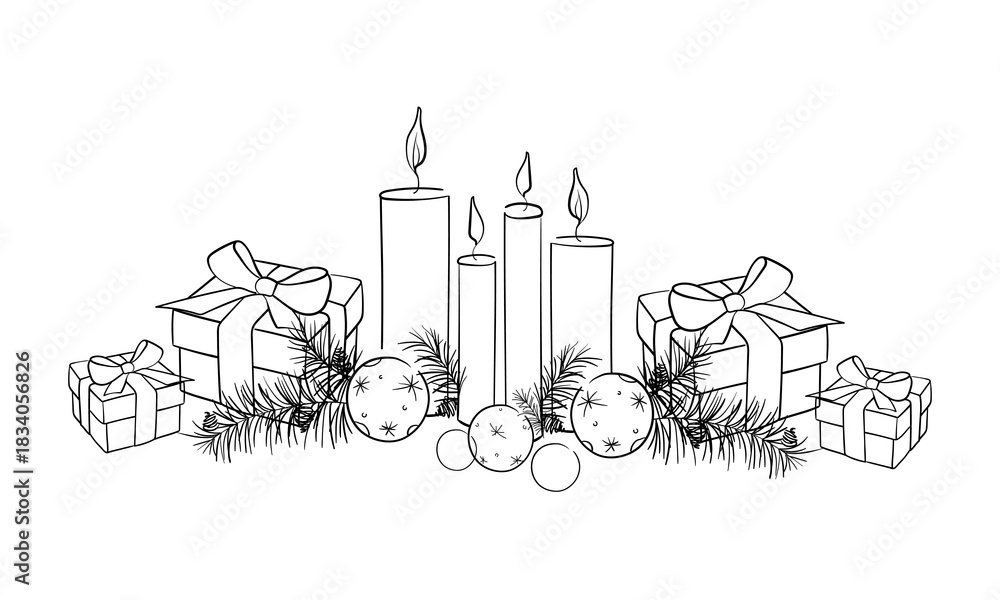 Obraz premium Christmas decorations set, continious line art drawing. New Year 2026 Christmas outline. Vector illustration