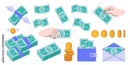 Set with paper money and cash. Spending, payments and financial flow. Trendy modern vector illustration isolated on white background, hand drawn, flat design