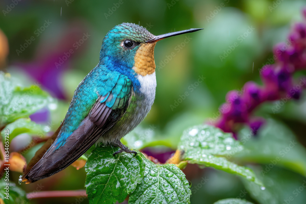Obraz premium Tiny Hummingbird Perched on Wet Leaf in Rain
