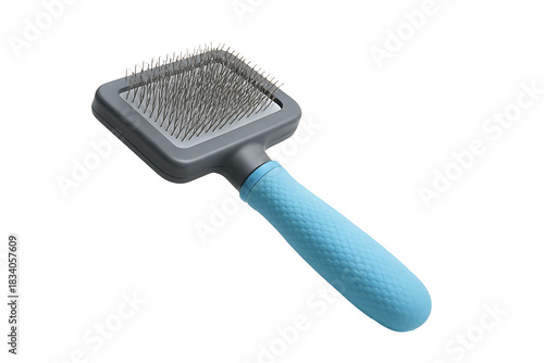 Pet grooming slicker brush with blue ergonomic handle isolated on white background, tool for dogs and cats
