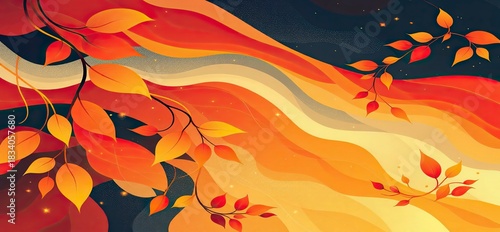 Abstract Graphic Autumn Foliage Design in Fiery Orange and Yellow Tones Depicting Seasonal Energy Flow with Copy Space