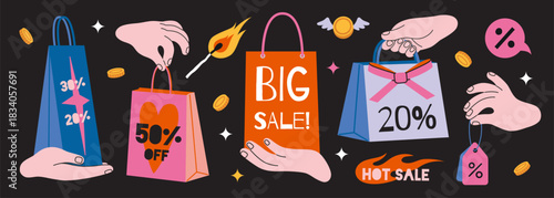 Shopping sale concept with discount bags, hands, coins, percentage signs and promotional offers. Trendy modern vector illustration on black background, hand drawn, flat design