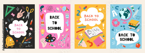 Back to school posters with books, stationery, art supplies and educational tools. Trendy modern vector illustration isolated on colorful background, hand drawn, flat design