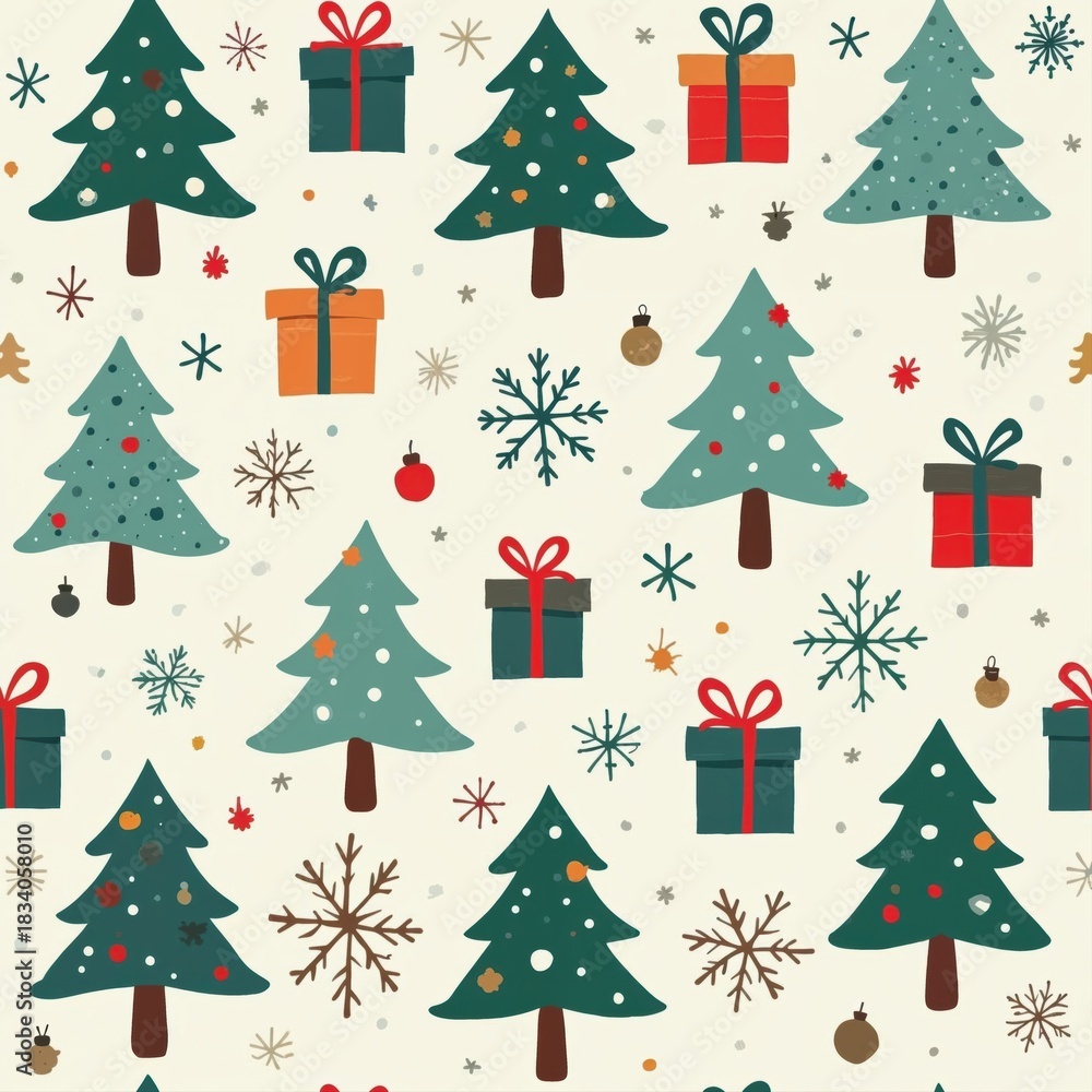Obraz premium Festive christmas seamless pattern with cute tree gift and snowflake decoration for joyful winter holiday background