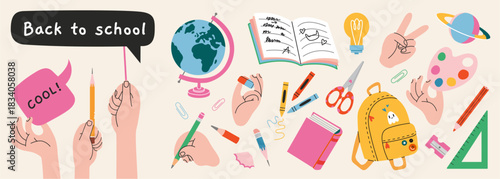 Back to school set with stationery, hands, backpack, globe, books and educational supplies. Trendy modern vector illustration isolated on light background, hand drawn, flat design