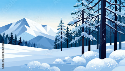 This serene winter illustration depicts a snow-covered mountain range under a clear blue sky, with snowflakes falling, scattered branches, and snow-dusted bushes.