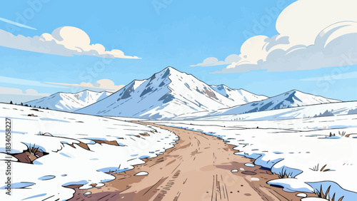 This serene winter illustration depicts a snow-covered mountain range under a clear blue sky, with snowflakes falling, scattered branches, and snow-dusted bushes.