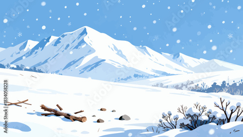 This serene winter illustration depicts a snow-covered mountain range under a clear blue sky, with snowflakes falling, scattered branches, and snow-dusted bushes.