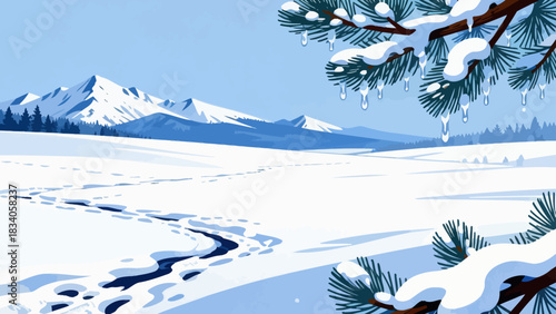 This serene winter illustration depicts a snow-covered mountain range under a clear blue sky, with snowflakes falling, scattered branches, and snow-dusted bushes.