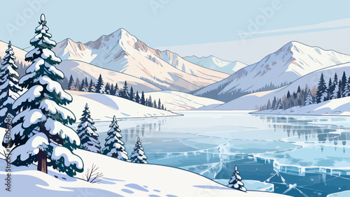 This serene winter illustration depicts a snow-covered mountain range under a clear blue sky, with snowflakes falling, scattered branches, and snow-dusted bushes.