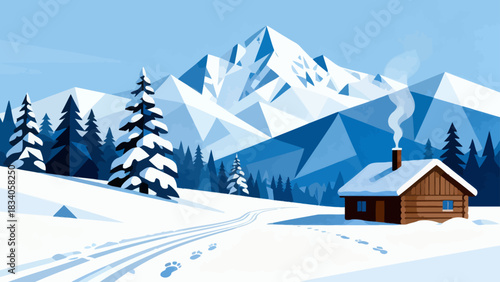This serene winter illustration depicts a snow-covered mountain range under a clear blue sky, with snowflakes falling, scattered branches, and snow-dusted bushes.