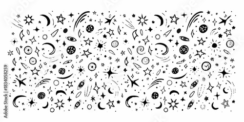 Hand drawn space elements stars planets comets and moons seamless pattern