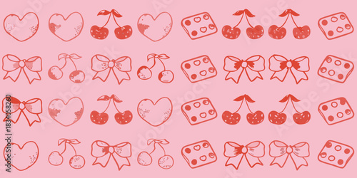 Cute pink pattern with hearts cherries bows and dice illustrations