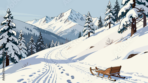 This serene winter illustration depicts a snow-covered mountain range under a clear blue sky, with snowflakes falling, scattered branches, and snow-dusted bushes.