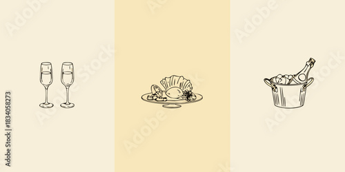 Elegant celebration champagne glasses and seafood sketch illustration on a light background