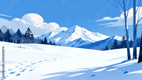 This serene winter illustration depicts a snow-covered mountain range under a clear blue sky, with snowflakes falling, scattered branches, and snow-dusted bushes.