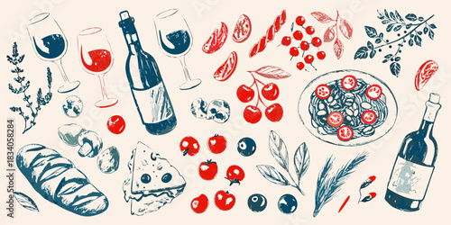 Hand drawn italian food and wine illustration with pasta and bread