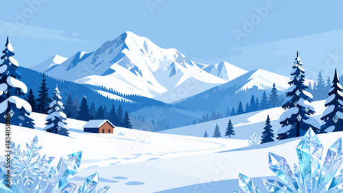 This serene winter illustration depicts a snow-covered mountain range under a clear blue sky, with snowflakes falling, scattered branches, and snow-dusted bushes.