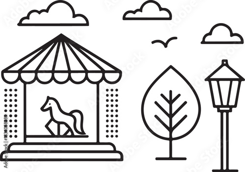 Carousel and Park Illustration in Black and White