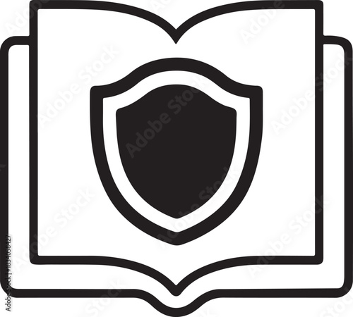 Open book silhouette with a rounded shield at center symbolizing clear and trusted policies.
