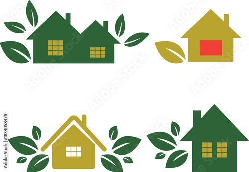 Set of four ecofriendly house and leaf logo icons representing green energy, sustainable living, and real estate concepts