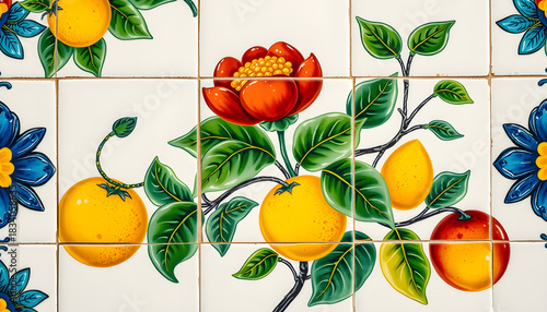 Italian maiolica background, tin-glazed tiles decorated in blue, yellow, green and red colours on a white background. Or azulejos, majolica with geometric or figurative plant and fruit elements, Col